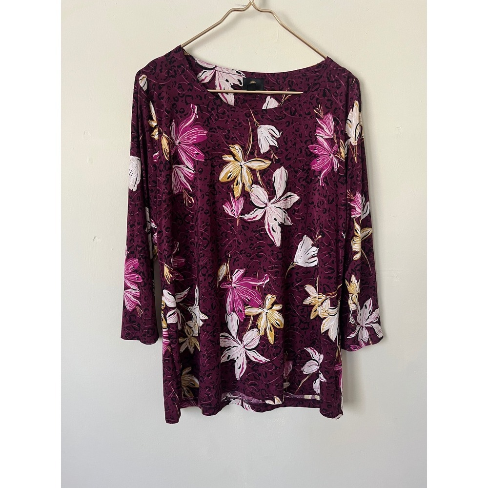 JM Collection Women's XL Plum Purple Floral Leopard Scoop Neck Top boho